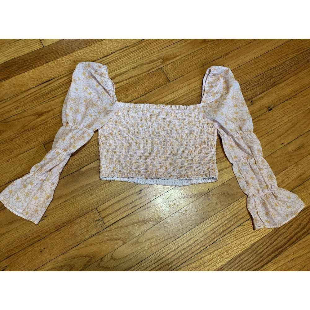 Storia Smocked Cropped Top Floral With Sheer Bell Sleeve size Small Whimsical